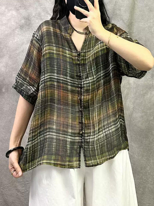 Retro Shirt Women Summer V-Neck Plaid Ramie