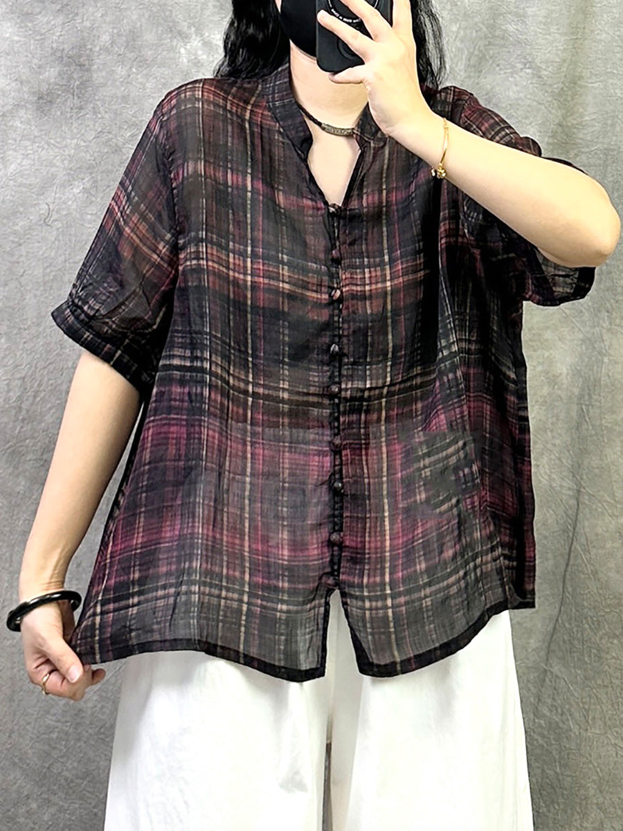 Retro Shirt Women Summer V-Neck Plaid Ramie
