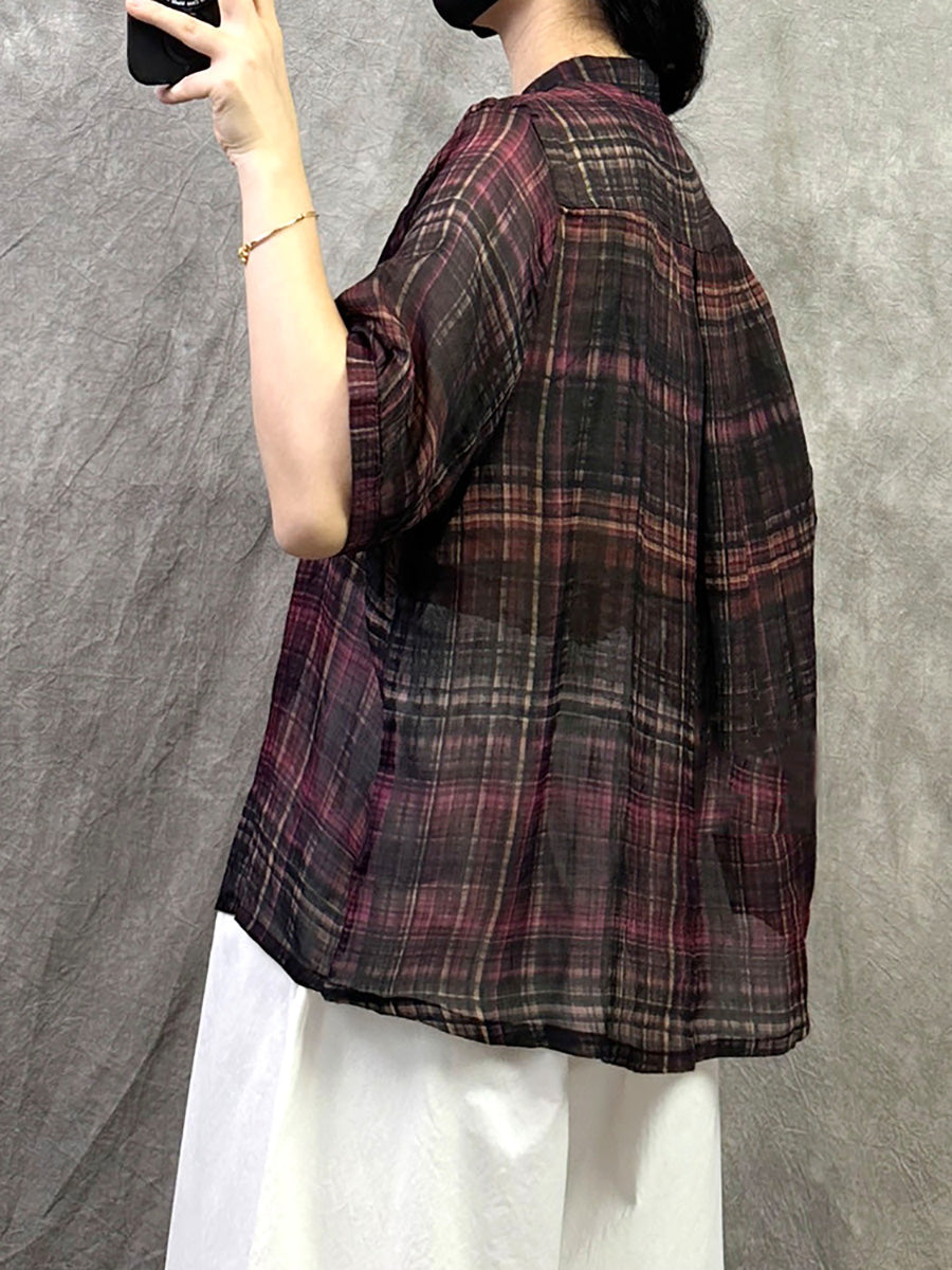 Retro Shirt Women Summer V-Neck Plaid Ramie