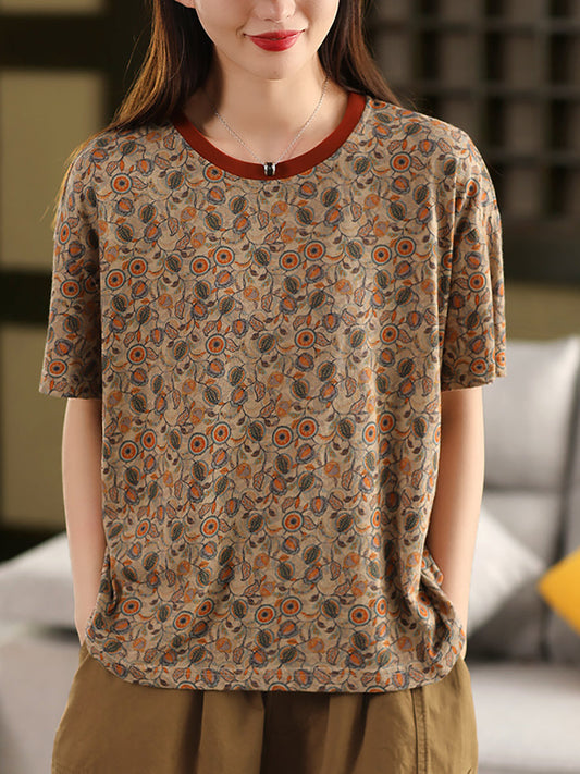 Retro O-Neck 100%Cotton Women Flower Summer Shirt