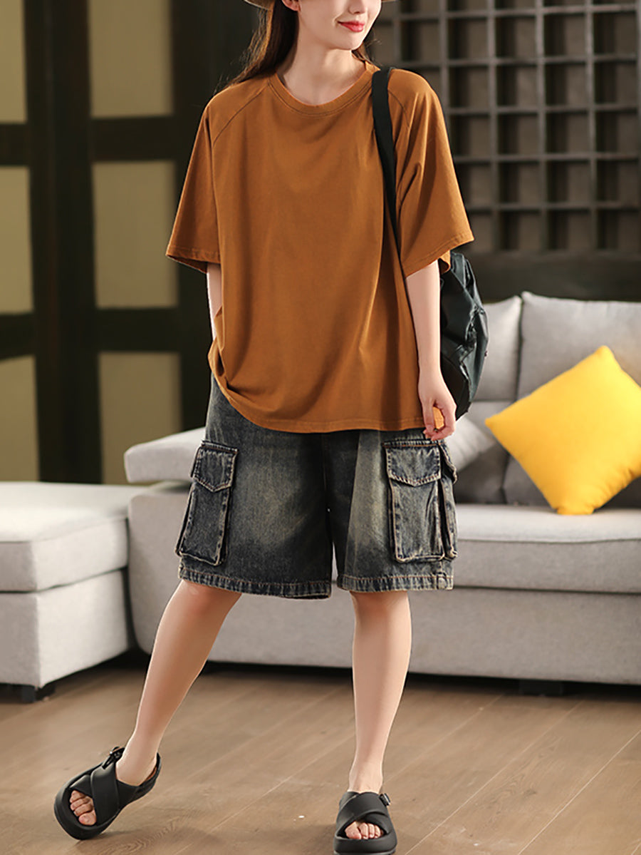 Summer 100%Cotton Women Shirt O-Neck Pure Color Casual