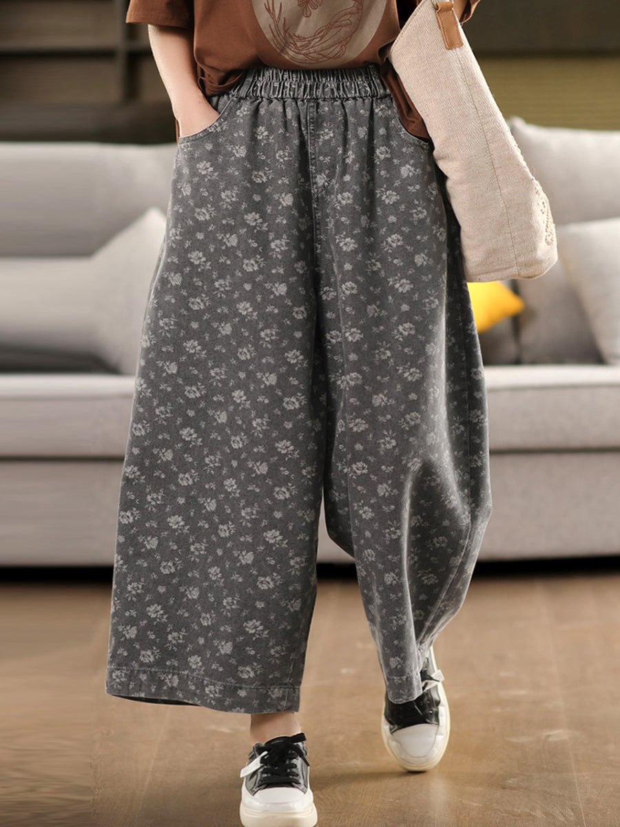 Worn Denim Wide-leg Floral Women Loose Pants