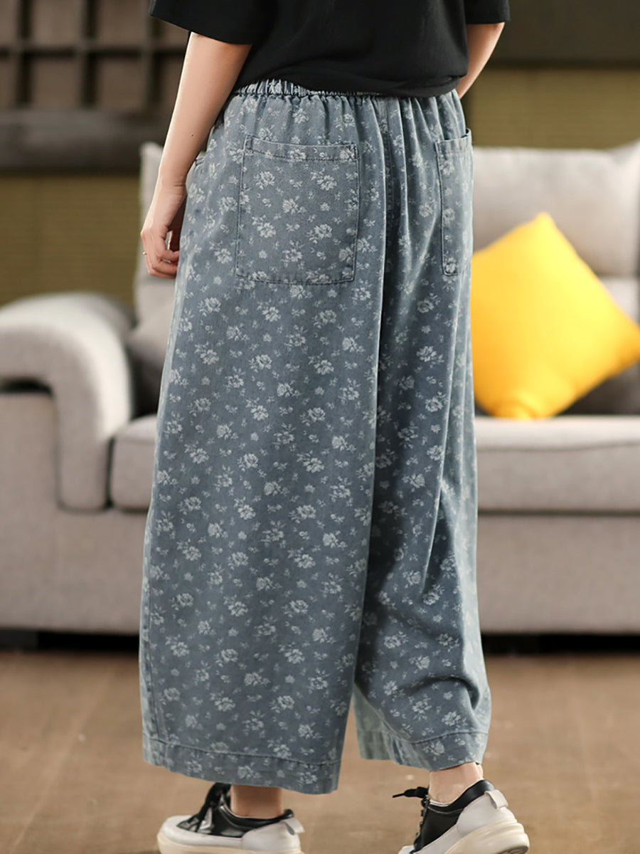 Worn Denim Wide-leg Floral Women Loose Pants