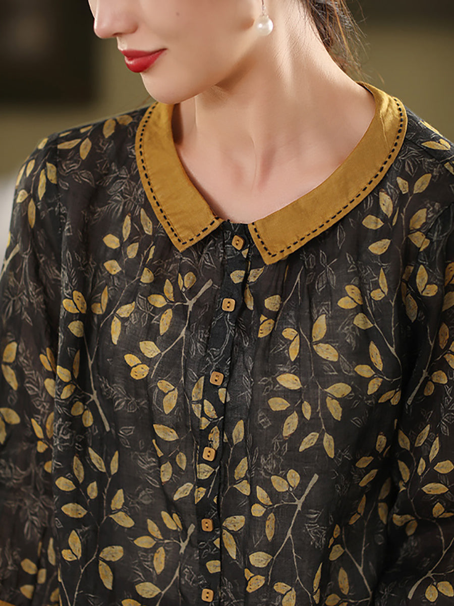 100%Ramie Shirt Summer Turn-down Artsy Collar Flower Women
