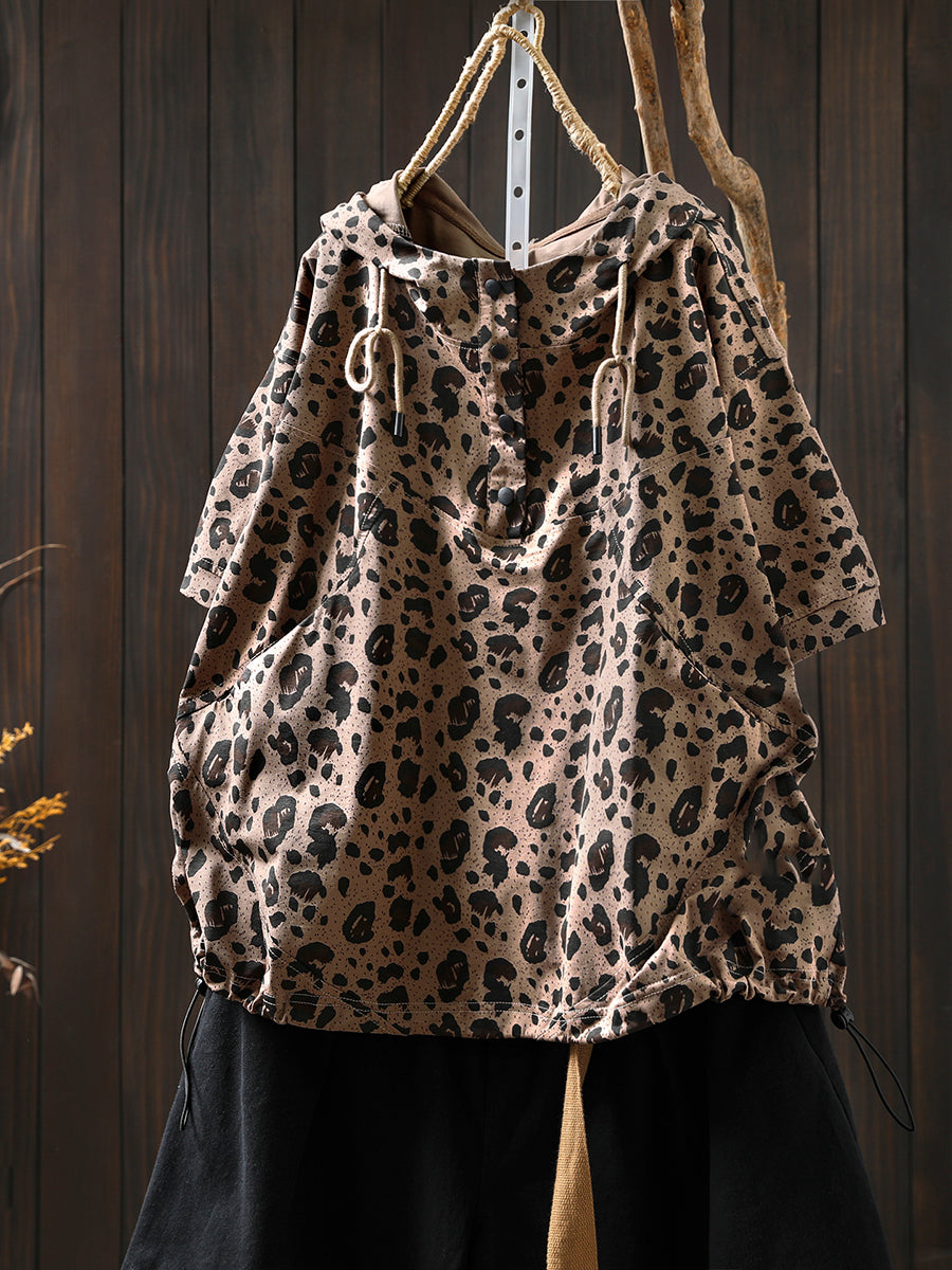 Summer Hooded Shirt Leopard Women Artsy