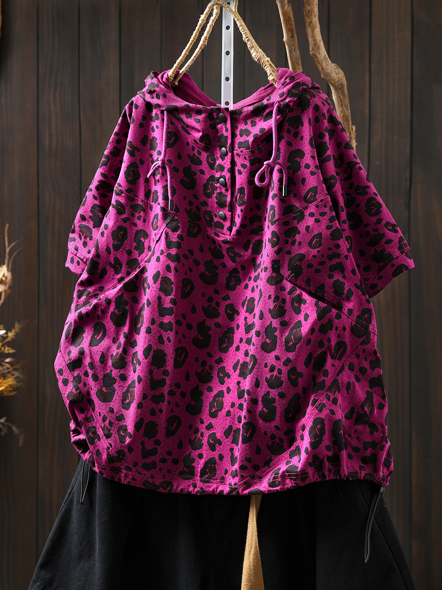Summer Hooded Shirt Leopard Women Artsy