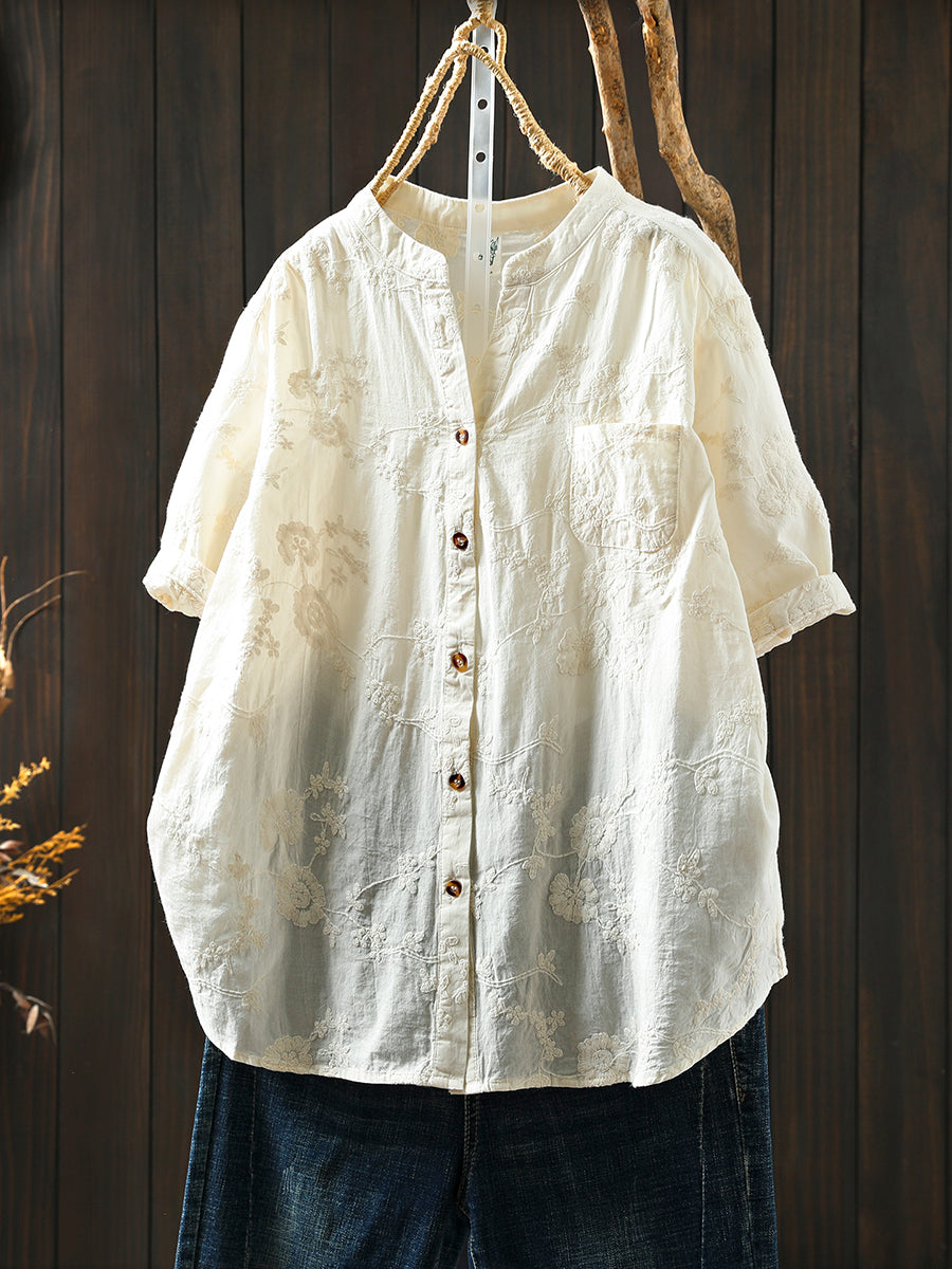 Flower 100%Cotton V-Neck Women Shirt Artsy Embroidery Summer