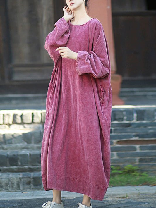 Retro Cotton Linen Autumn Pure Women Dress O-Neck Color