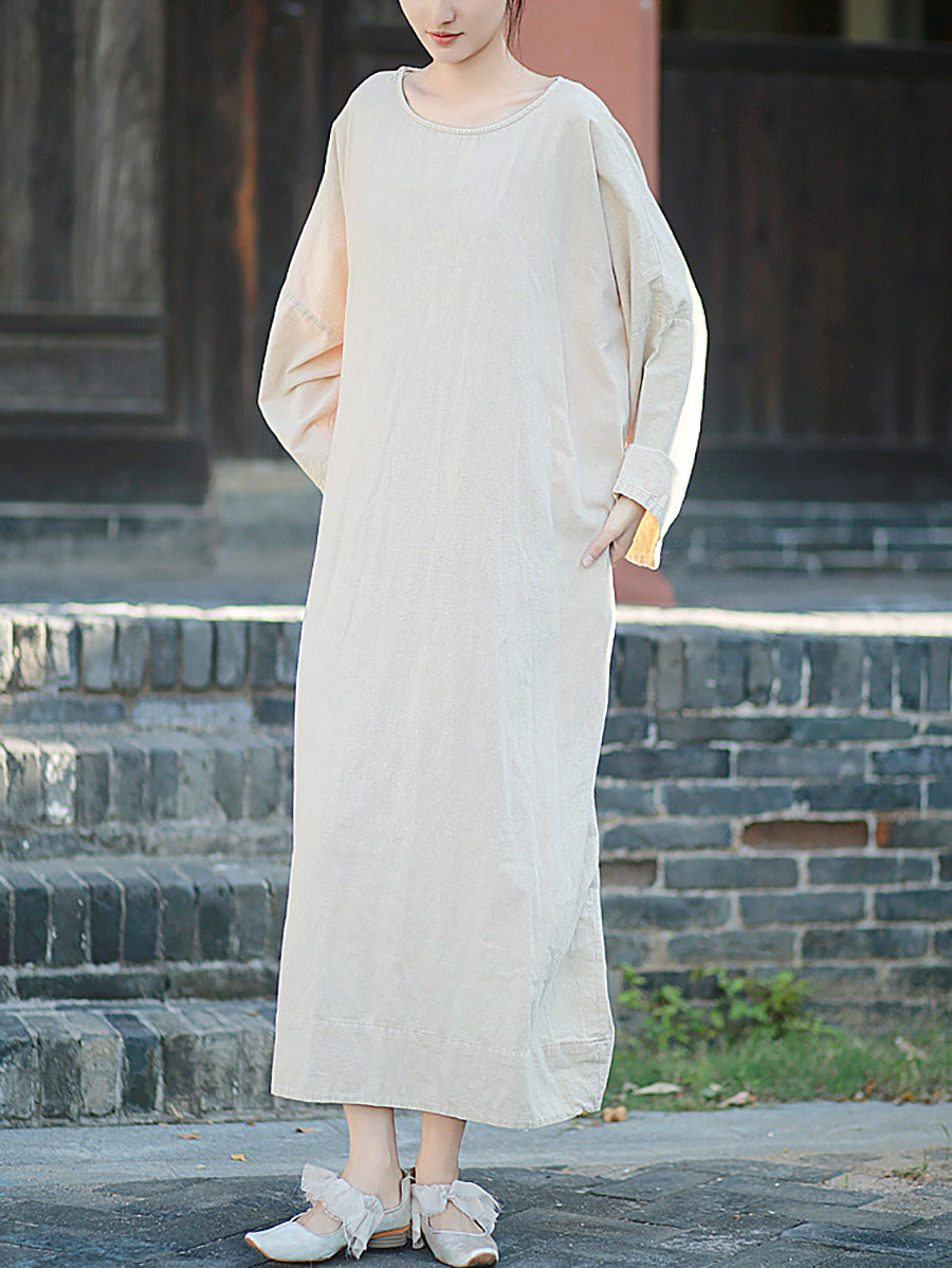 Retro Cotton Linen Autumn Pure Women Dress O-Neck Color