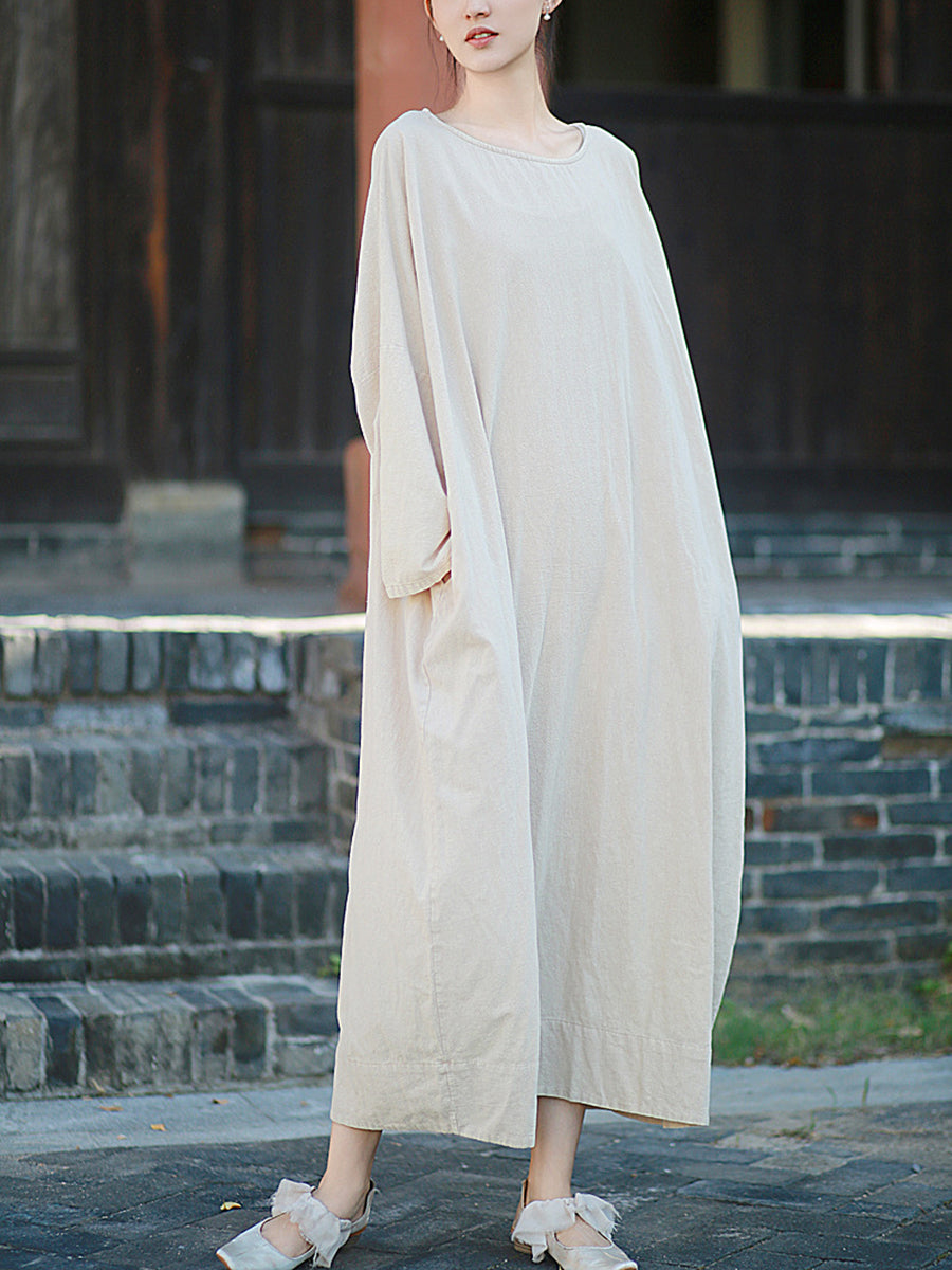 Retro Cotton Linen Autumn Pure Women Dress O-Neck Color