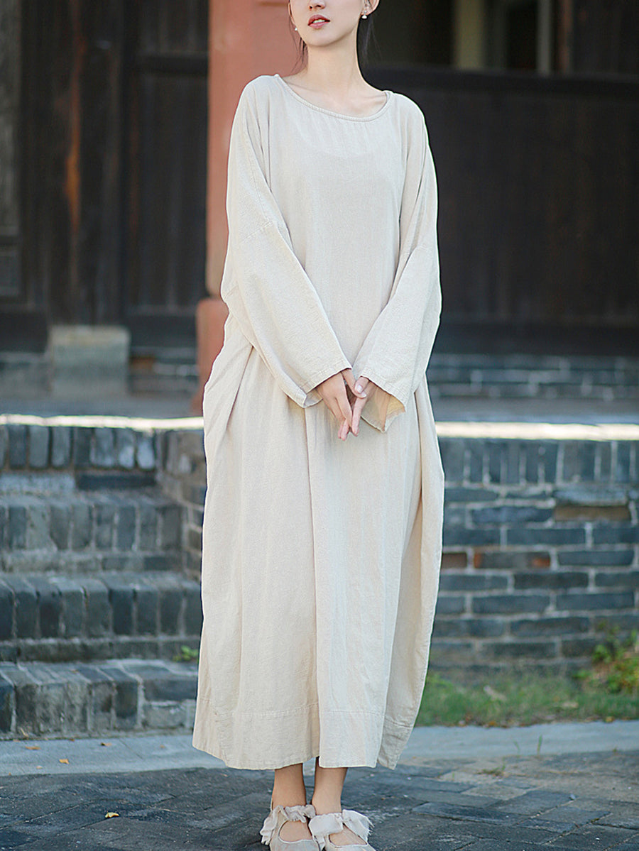 Retro Cotton Linen Autumn Pure Women Dress O-Neck Color