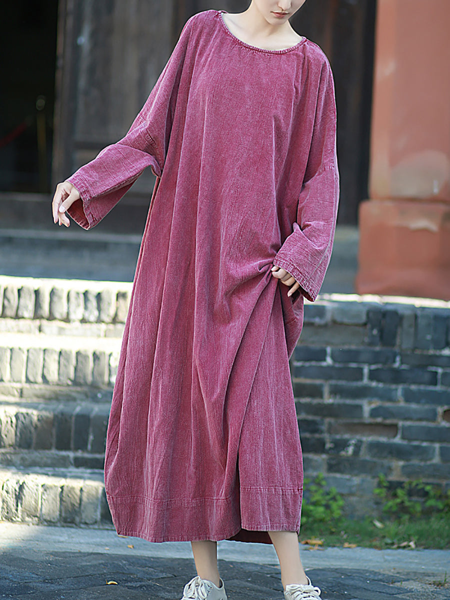 Retro Cotton Linen Autumn Pure Women Dress O-Neck Color