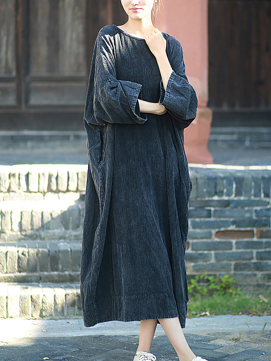 Retro Cotton Linen Autumn Pure Women Dress O-Neck Color