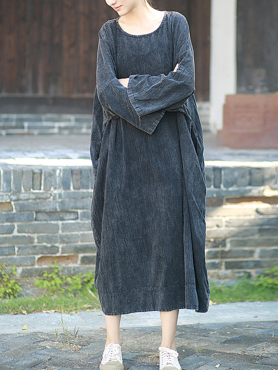 Retro Cotton Linen Autumn Pure Women Dress O-Neck Color