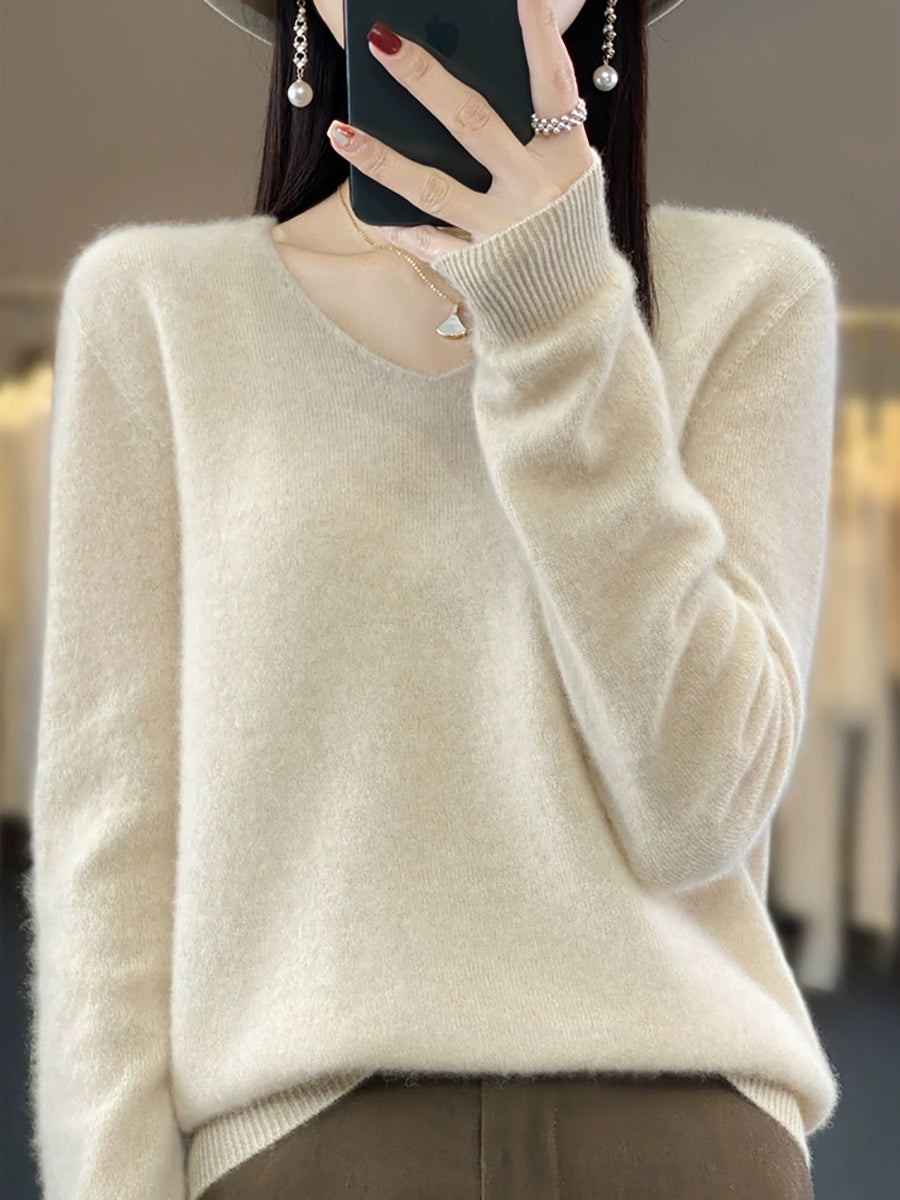 Wool Women Pure V-Neck Autumn Sweater Casual Color