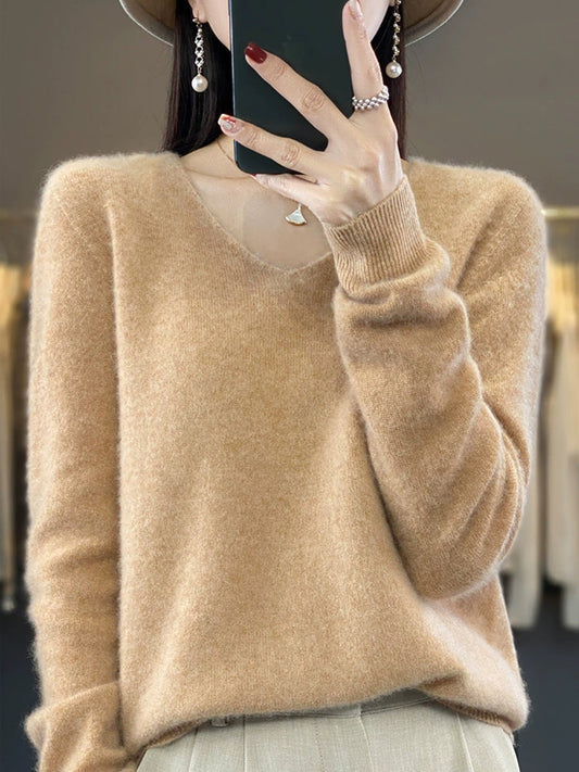 Wool Women Pure V-Neck Autumn Sweater Casual Color