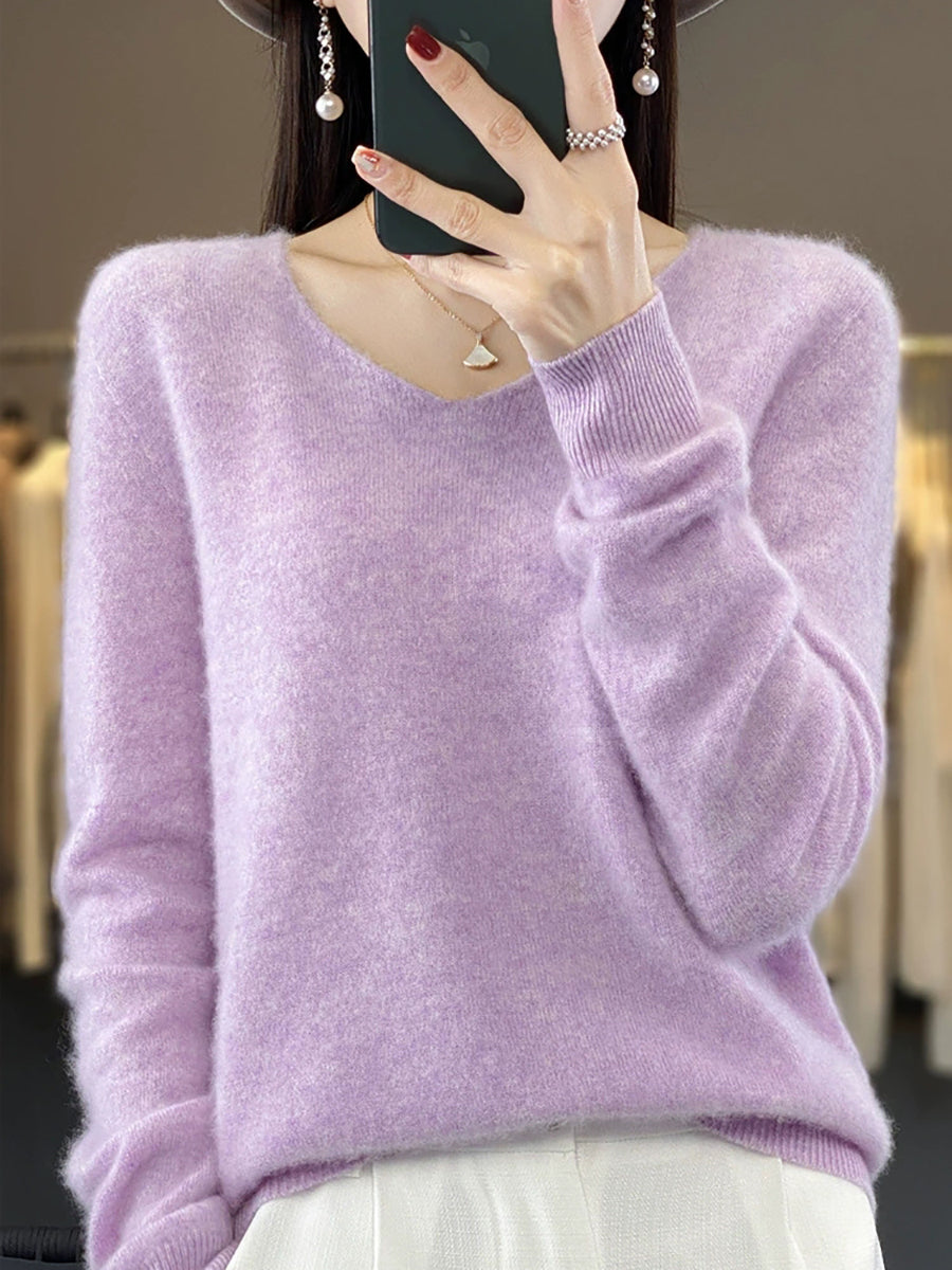 Wool Women Pure V-Neck Autumn Sweater Casual Color