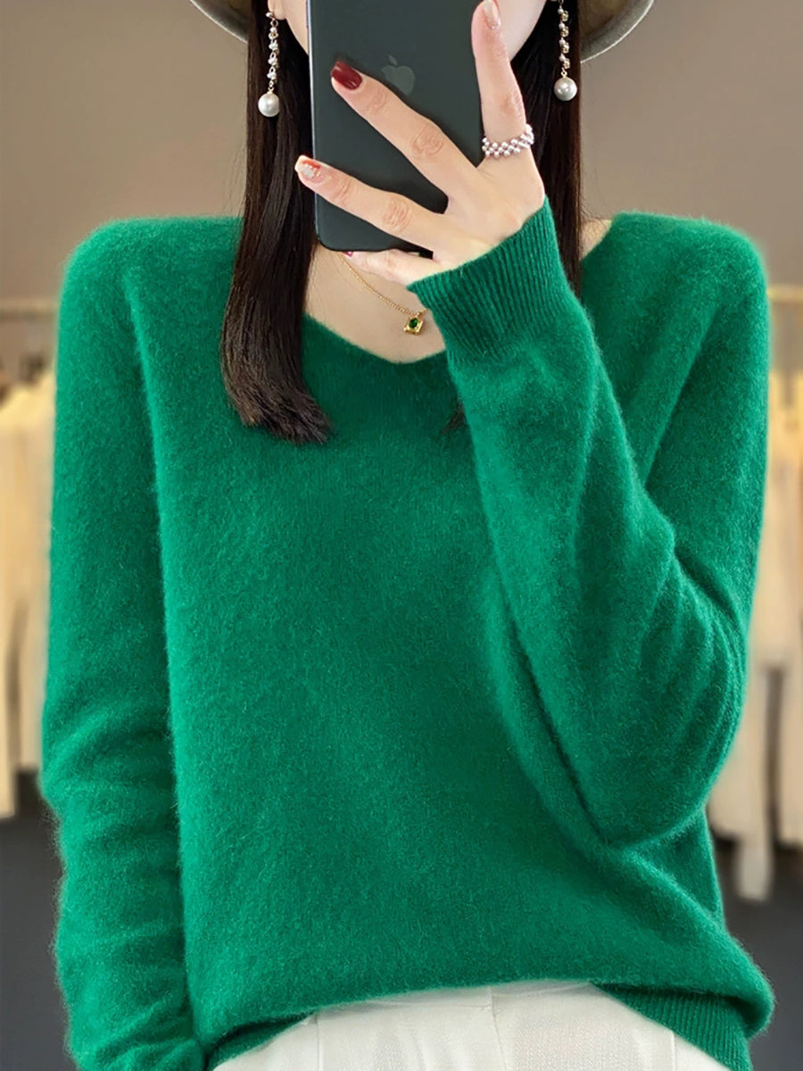 Wool Women Pure V-Neck Autumn Sweater Casual Color