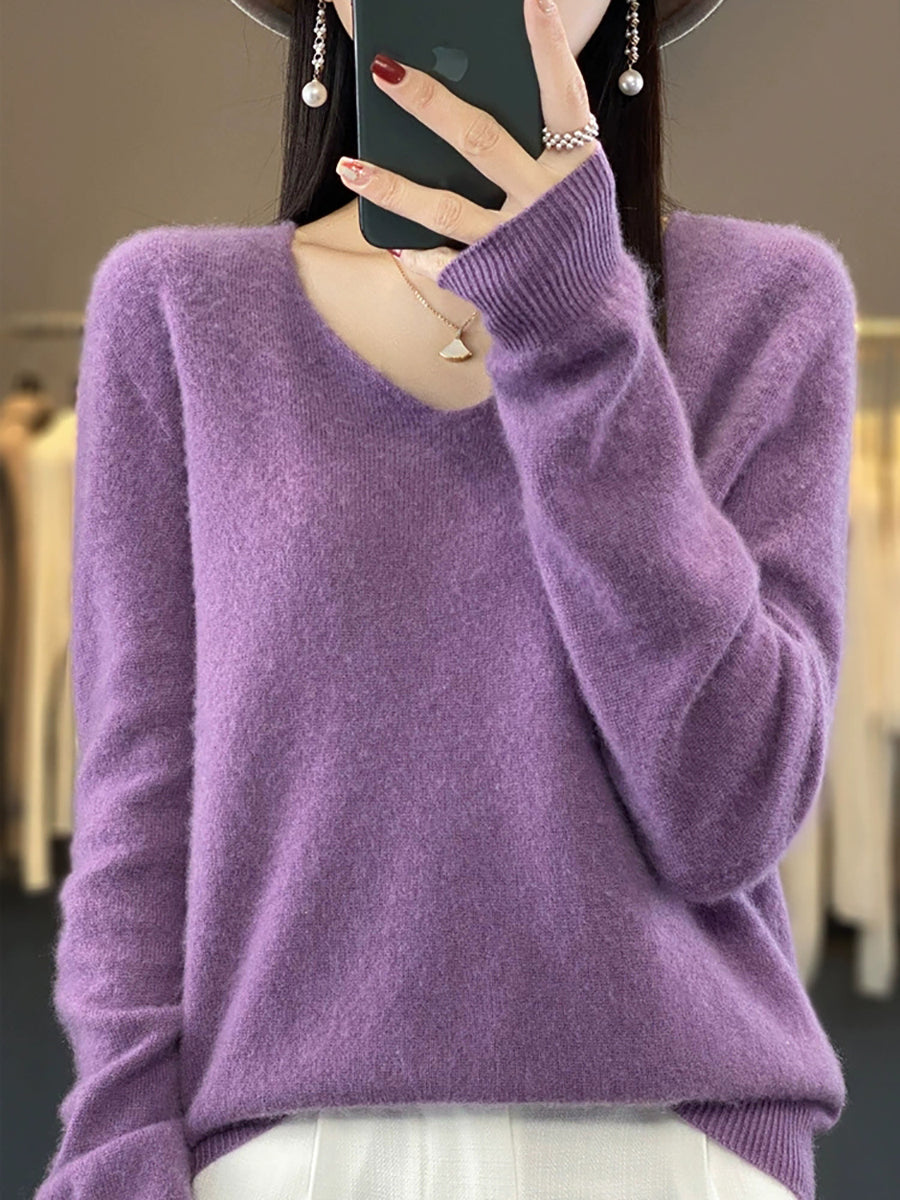 Wool Women Pure V-Neck Autumn Sweater Casual Color