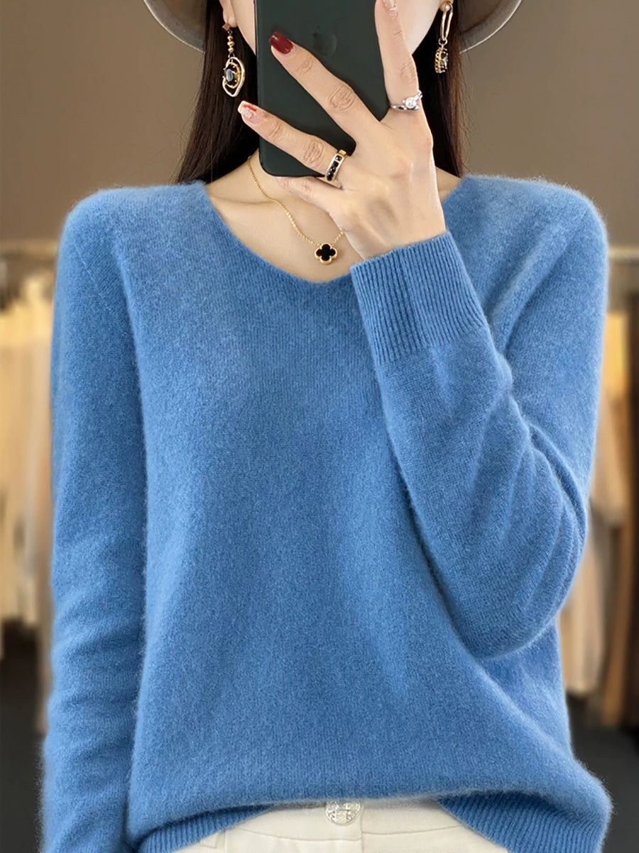 Wool Women Pure V-Neck Autumn Sweater Casual Color