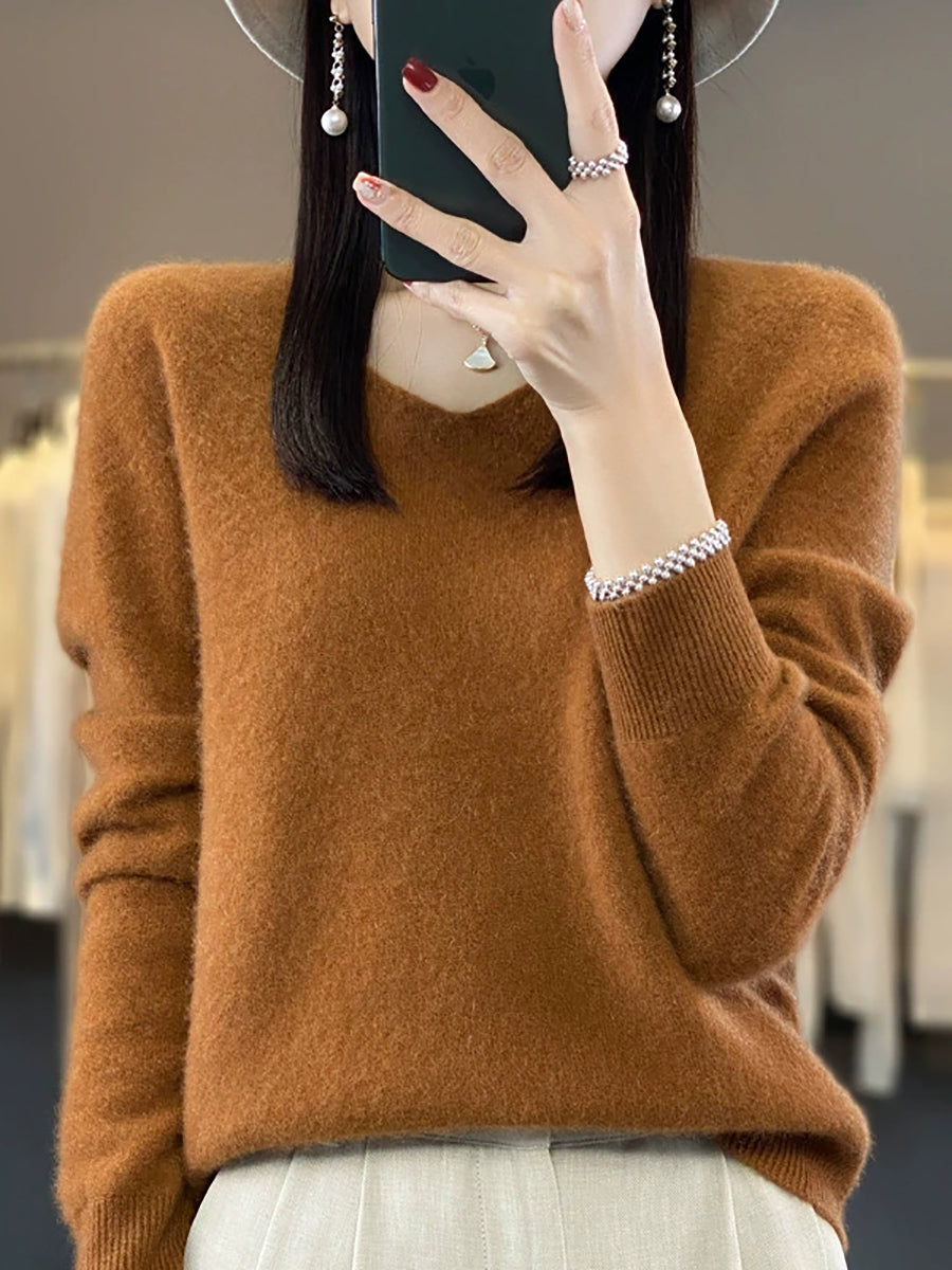 Wool Women Pure V-Neck Autumn Sweater Casual Color