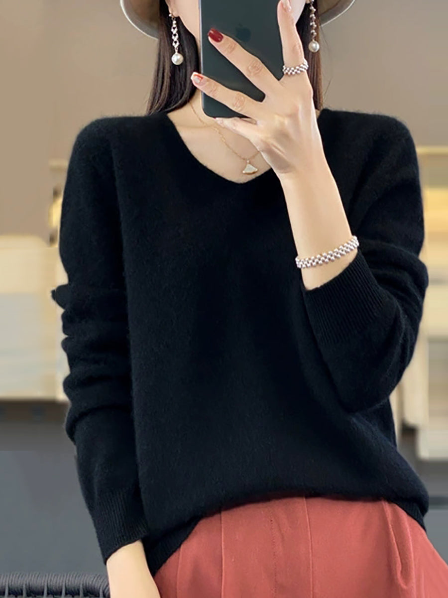 Wool Women Pure V-Neck Autumn Sweater Casual Color