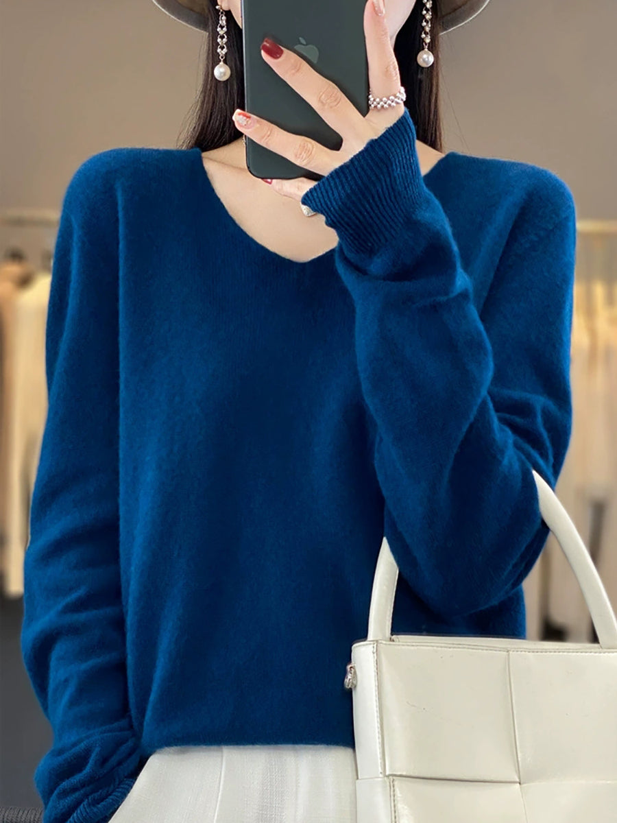 Wool Women Pure V-Neck Autumn Sweater Casual Color
