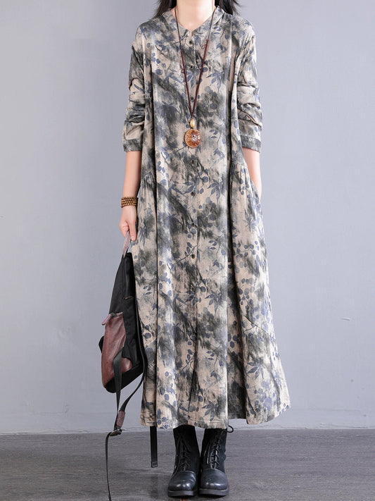 Collar 100%Cotton Print Women Dress Autumn Stand Retro