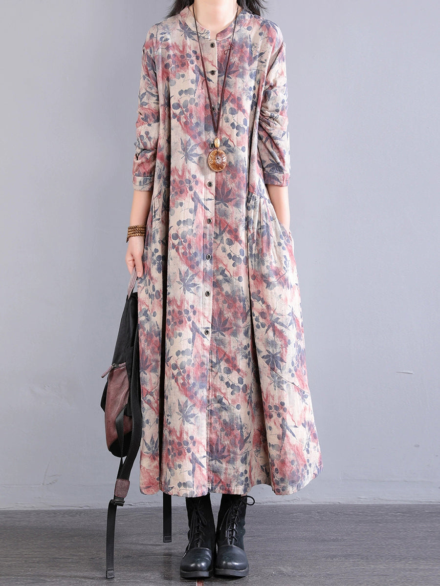 Collar 100%Cotton Print Women Dress Autumn Stand Retro