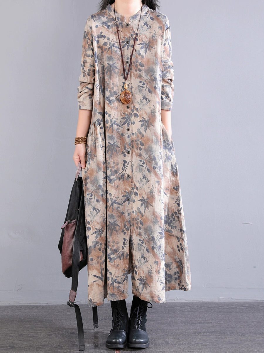 Collar 100%Cotton Print Women Dress Autumn Stand Retro