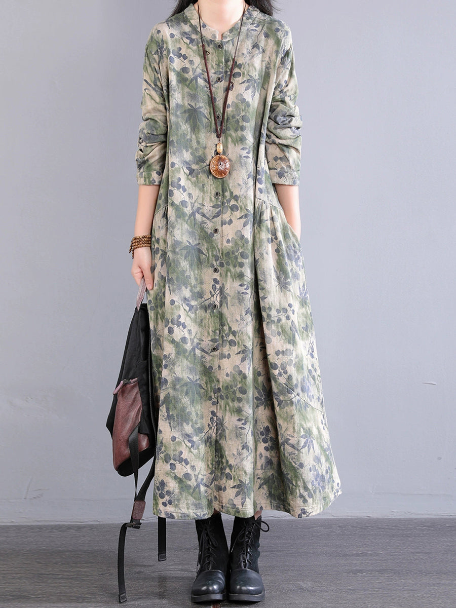 Collar 100%Cotton Print Women Dress Autumn Stand Retro