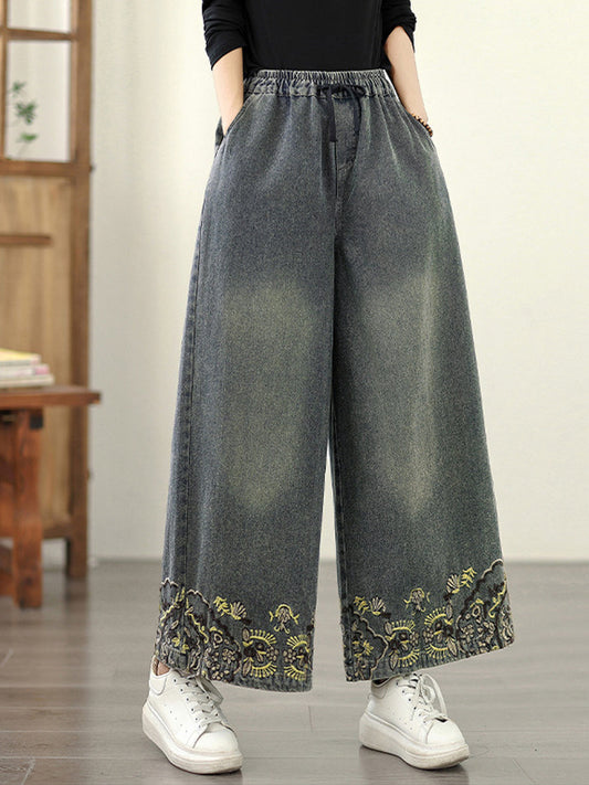 Women Wide-leg Autumn Retro Pants Embroidery Denim