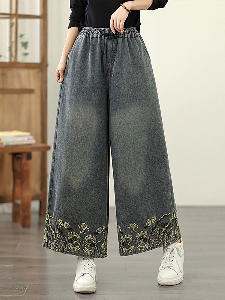 Women Wide-leg Autumn Retro Pants Embroidery Denim