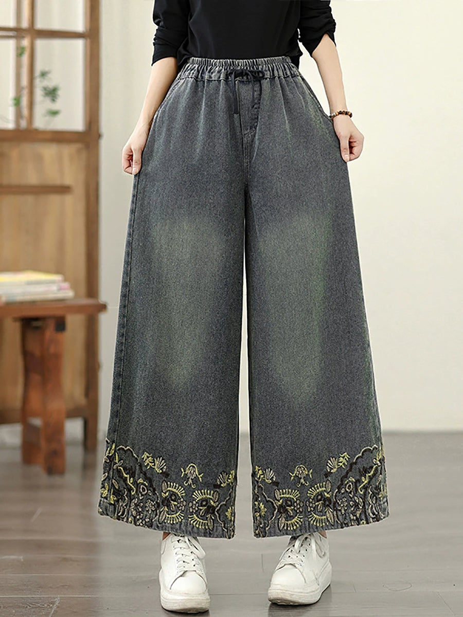 Women Wide-leg Autumn Retro Pants Embroidery Denim