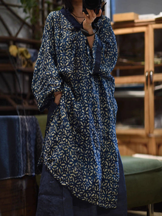 Ramie Spliced Women Flower Dress V-Neck Autumn Retro