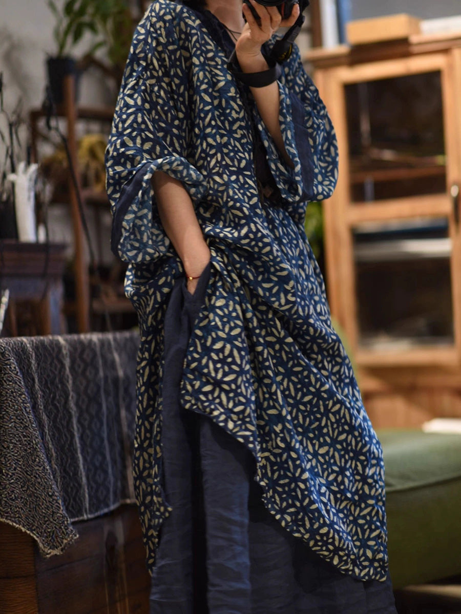 Ramie Spliced Women Flower Dress V-Neck Autumn Retro