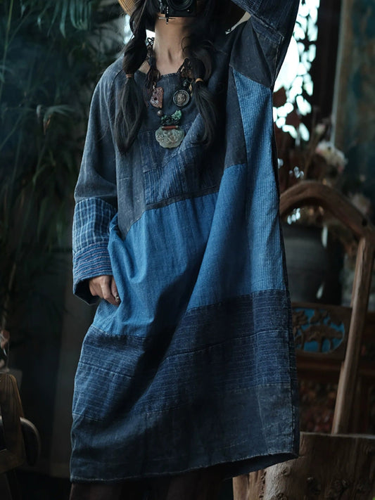 Patchwork O-Neck Autumn Retro Women Dress Cotton