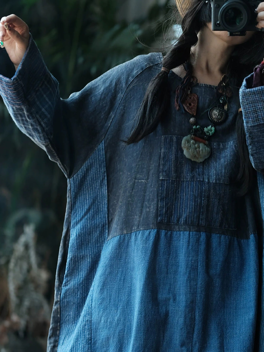 Patchwork O-Neck Autumn Retro Women Dress Cotton