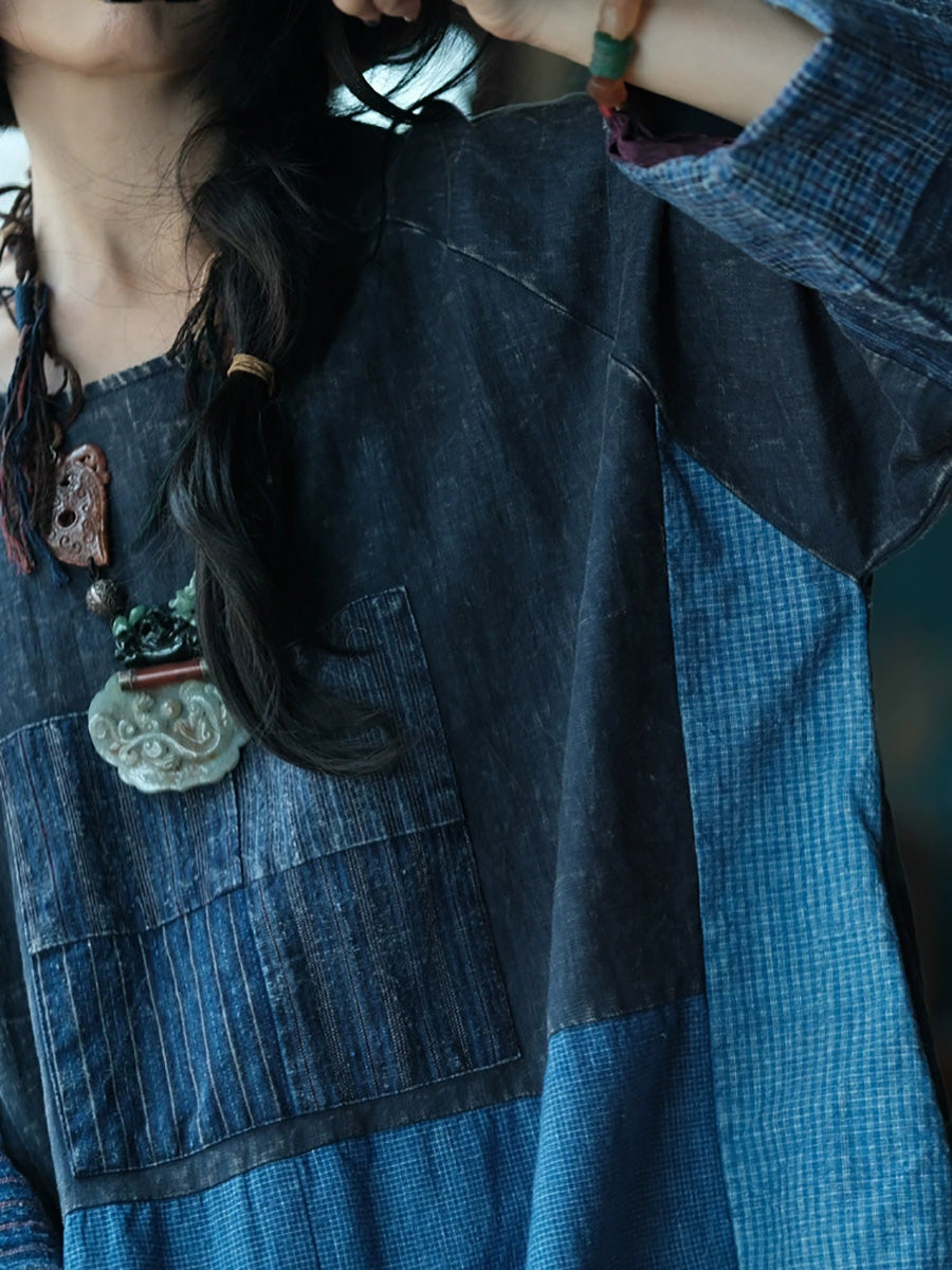 Patchwork O-Neck Autumn Retro Women Dress Cotton