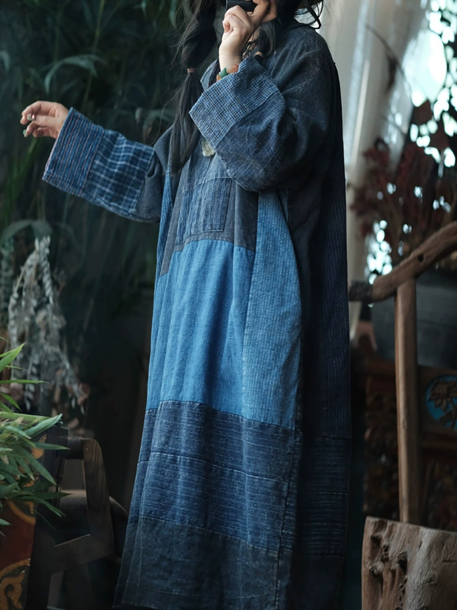 Patchwork O-Neck Autumn Retro Women Dress Cotton