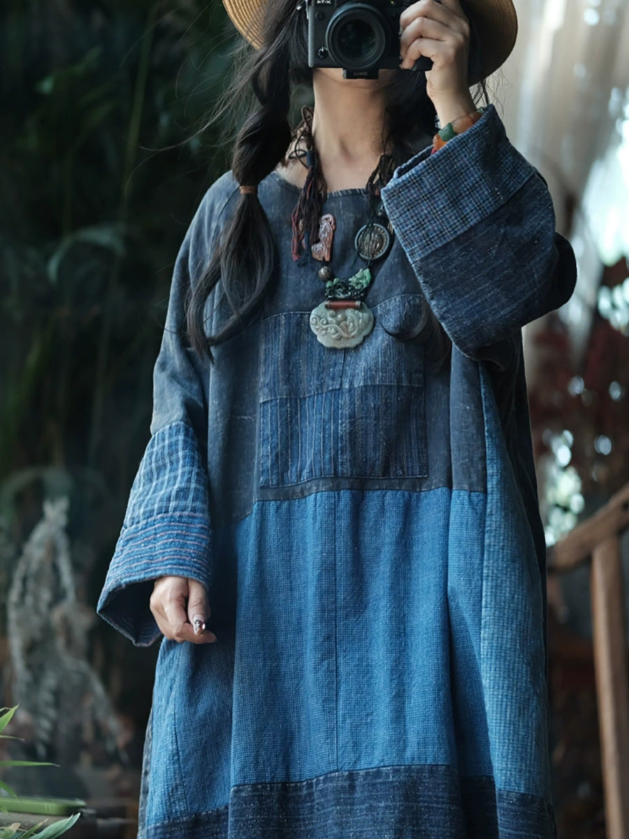 Patchwork O-Neck Autumn Retro Women Dress Cotton