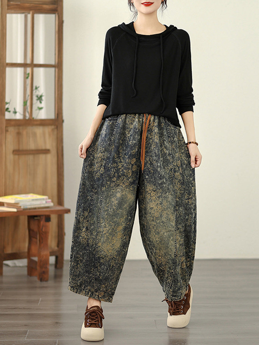 Denim Flower Retro Autumn Harem Women Pants
