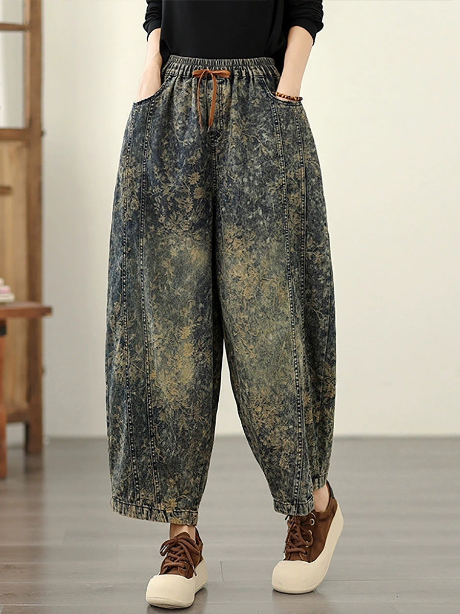 Denim Flower Retro Autumn Harem Women Pants