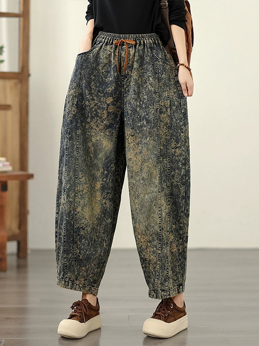 Denim Flower Retro Autumn Harem Women Pants