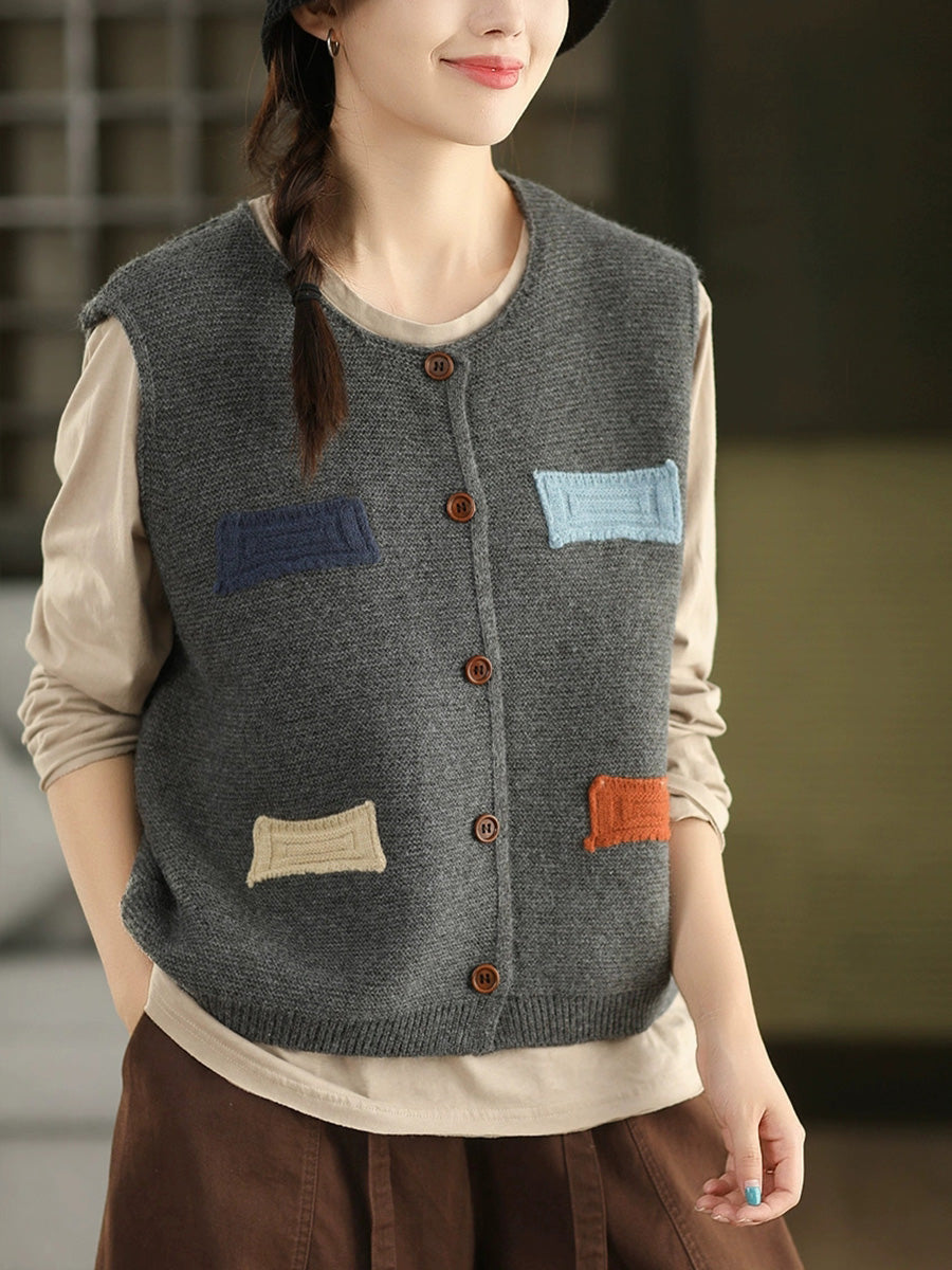 100%Cotton Autumn Knitted O-Neck Women Vest Artsy Patch