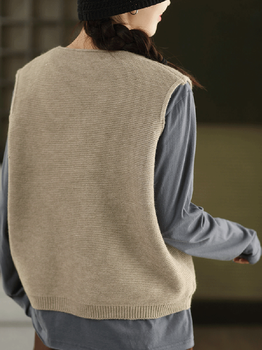 100%Cotton Autumn Knitted O-Neck Women Vest Artsy Patch