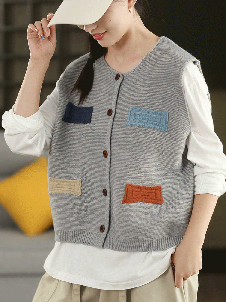 100%Cotton Autumn Knitted O-Neck Women Vest Artsy Patch