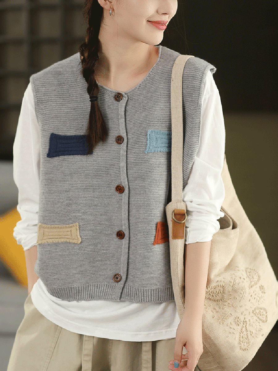 100%Cotton Autumn Knitted O-Neck Women Vest Artsy Patch
