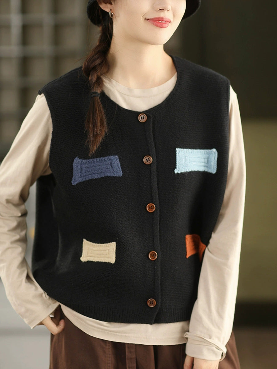 100%Cotton Autumn Knitted O-Neck Women Vest Artsy Patch