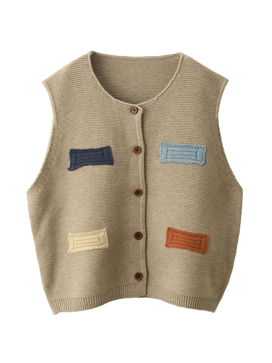 100%Cotton Autumn Knitted O-Neck Women Vest Artsy Patch
